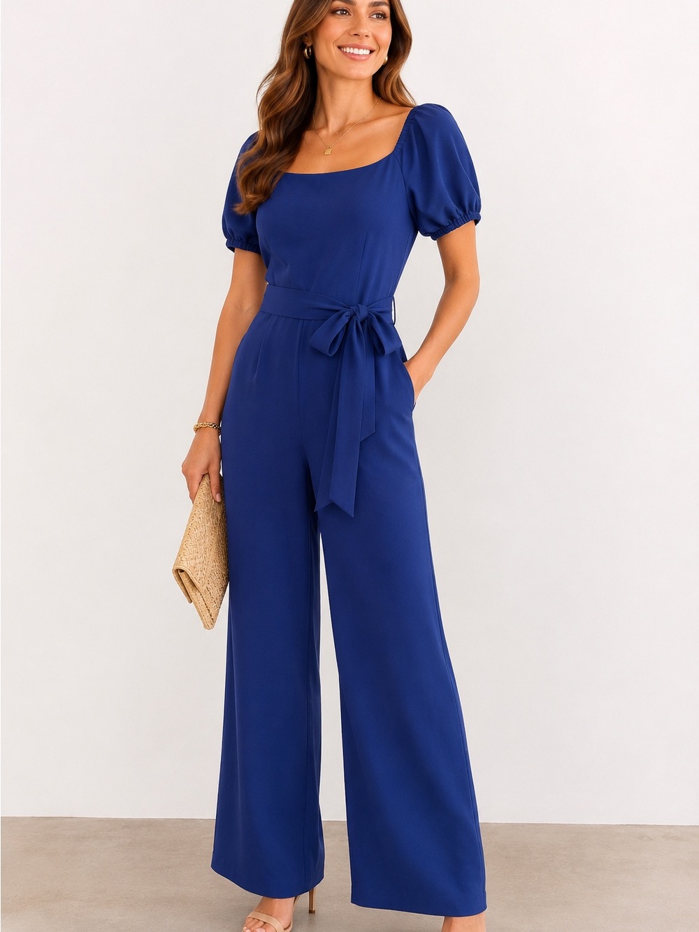 Lilly Pulitzer Blue Wide Leg Jumpsuit Womens 10 Square Neck Belted Feminine